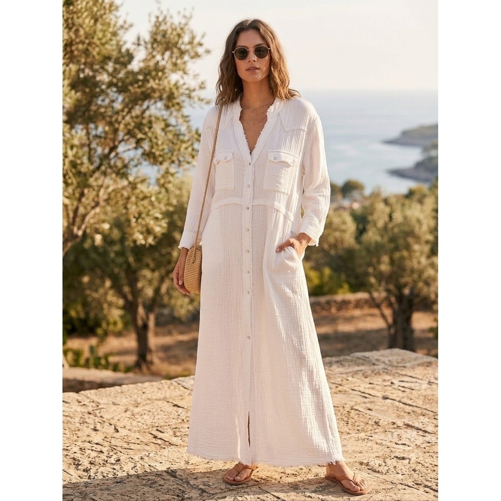 We The Free Free People White Gauze Cinderella Story Dress Western Snap Front M